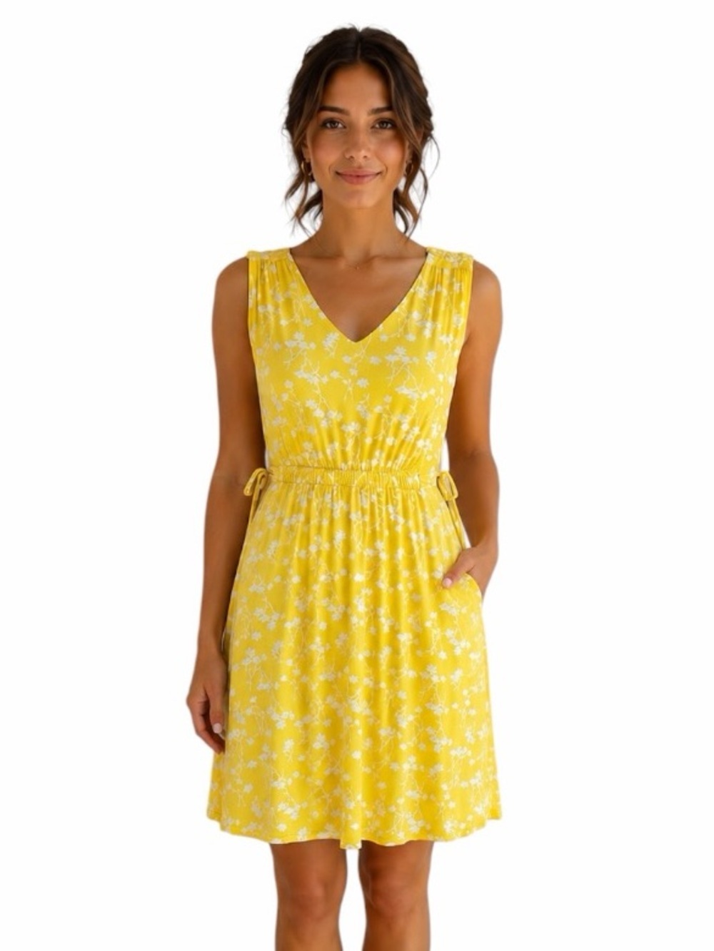 Cynthia Rowley XS Yellow Floral V-neck Sleeveless Cottagecore Summer Dress